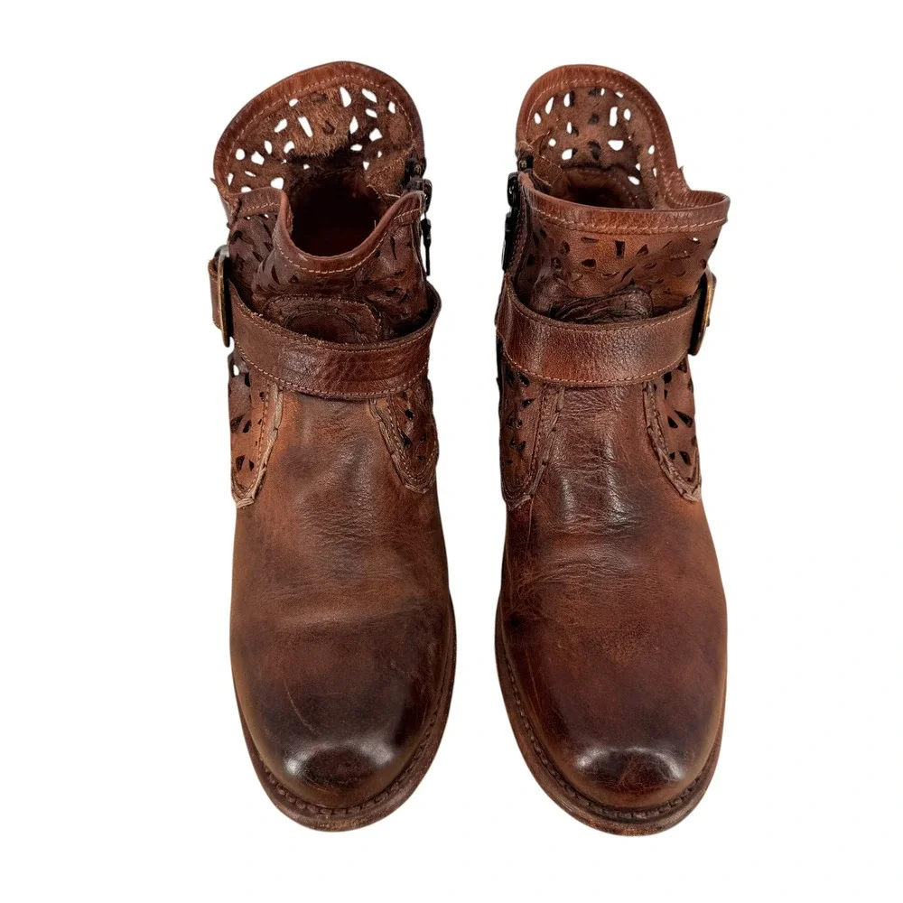 Bed Stu Heather Women 7.5 Brown Leather Perforated Ankle Boots Buckle Bootie